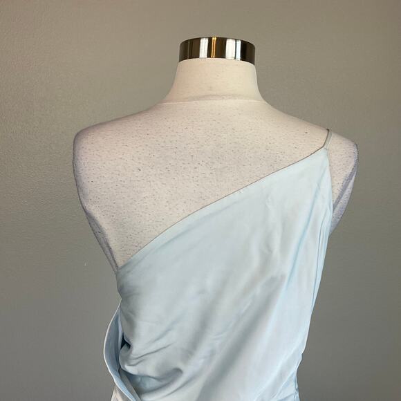 Satin One Shoulder High Low Cocktail Dress Blue Size 12 Thigh Slit Shift by AQUA - Picture 8 of 12